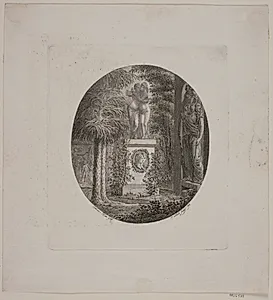 Postament med Amor og Psyke samt en anden skulptur i en have by Georg Christian Schule