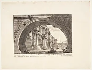 Prægtig bro med loggiaer og buer; rejst af en romersk kejser ... by Giovanni Battista Piranesi
