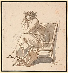 Profilbillede af kunstnerens anden hustru Juliane Marie Abildgaard f. Ottesen, frugtsommelig, siddende i en lænestol med hagen støttet på hånden og albuen på knæet by Nicolai Abildgaard