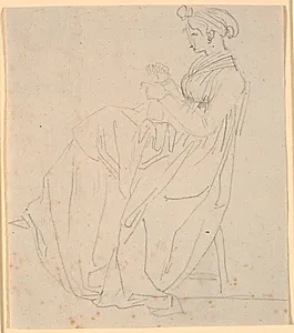 Profilbillede af kunstnerens anden hustru Juliane Marie Abildgaard f. Ottesen, siddende med sytøj, hel figur by Nicolai Abildgaard