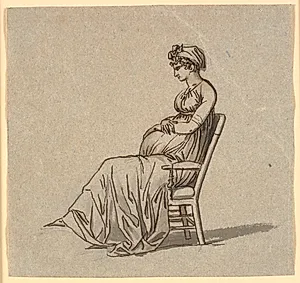 Profilbillede af kunstnerens anden hustru, siddende i lænestol, frugtsommelig by Nicolai Abildgaard
