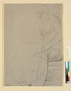 Profilbillede i hel figur, hovedet dog en face, af kunstnerens anden hustru, som frugtsommelig by Nicolai Abildgaard