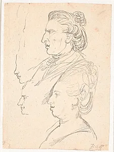 Profilportrætter af dronning Caroline Mathilde, J.F. Struensee og Enevold Brandt, samt et udkast, muligvis af Juel selv. Alle i profil mod venstre by Jens Juel