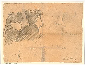 Profilstudie af to kvindehoveder med hat by L.A. Ring