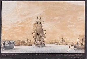 Prospekt af Nyholm; et fragtskib sejler op gennem havnen. by Galtrup
