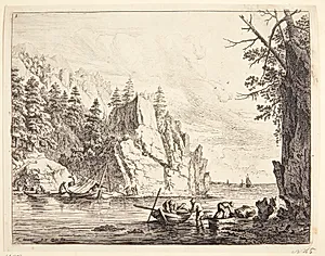 Prospekt af Rhinen, både lastes ved flodbredden by Jan van Aken