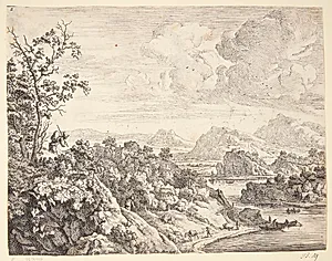 Prospekt af Rhinen, i forgrunden to rejsende by Jan van Aken