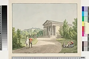 Prospekt fra Frederiksberg have ved slottet og Apistemplet by C.W. Eckersberg