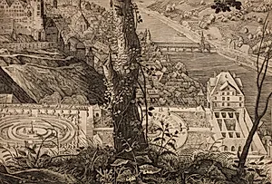 Prospekt fra Heidelbergs slotshave "Hortus Palatinus" (Scenographia Hortvs Palatinvs A Friderico Rege Boemiae Electore Palatino Heidelbergae Exstrvctvs) (nedre højre del)