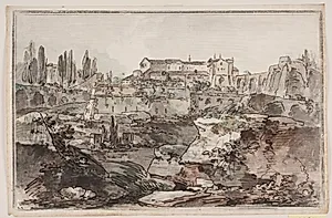 Prospekt med fæstning (?), ruiner, klipper og vand by Jens Petersen Lund