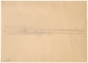 Prospekt: Udsigt fra søen mod kalkbrænderiet og kysten nord for. by C.W. Eckersberg