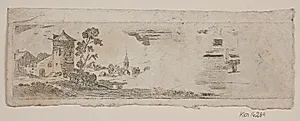 Prøveblad af landskab med borg og kirke by Gerhard Ludvig Lahde