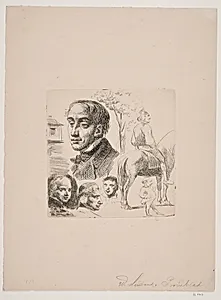Prøveblad i stylografi med portræthoveder, bonde til hest m.m. by Wilhelm Marstrand