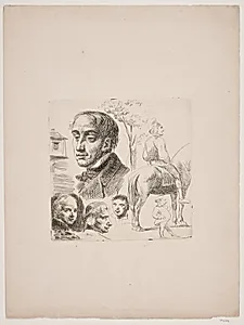 Prøveblad i stylografi med portræthoveder, bonde til hest m.m. by Wilhelm Marstrand
