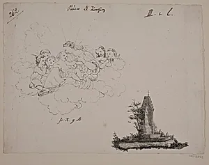 Prøveblad, t.v. Madonna i skyerne, t.h. et gravmæle