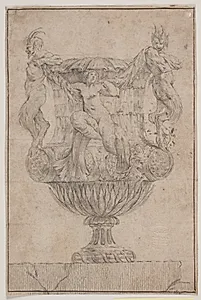 Prydvase med Pan, faun og nymfe. Kopi efter Pl. 14 i suiten af de i 1746 af Saly tegnede vaser. "Vasa a se inventa..." by Ubekendt