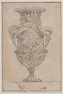 Prydvase med stort hoved, havgud og vandnymfe. Kopi efter Pl. 26 i suiten af de i 1746 af Saly tegnede vaser. "Vasa a se inventa..." by Ubekendt