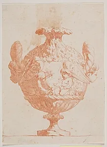 Prydvase med to hoveder og to putti. Kopi efter pl. 19 i suiten af de i 1746 f Saly tegnede vaser. "Vasa a se inventa..." by Jacques François Joseph Saly