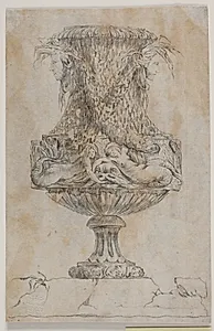 Prydvase med to hoveder og to vandnymfer. Kopi efter Pl. 20 i suiten af de i 1746 af Saly tegnede vaser. "Vasa a se inventa..." by Ubekendt