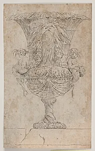 Prydvase med to putti (havfruer?). Kopi efter redering (pl. 9) i suiten af de i 1746 af Saly tegnede vaser. "Vasa a se inventa...". by Ubekendt