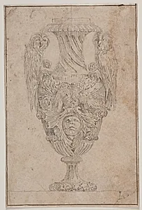 Prydvase med to ugler og et hoved. Kopi efter Pl. 15 i suiten af de i 1746 af Saly tegnede vaser, "Vasa a se inventa..." by Ubekendt