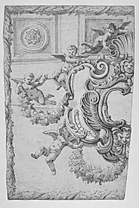 Putti der bærer en kartouche og guirlander med blomster by Ubekendt