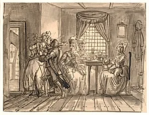 Rådsherreindernes besøg hos Geske by Wilhelm Marstrand