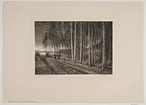 Regnvejrsdag i granskoven by Hans Julius Fæster