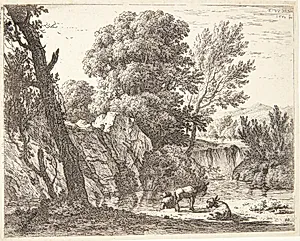 Rejsende med to æsler ved en flod by Karel Du Jardin