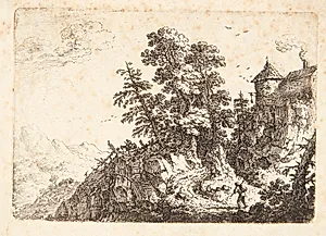 Rejsende på en snoet hulvej i et klippelandskab by Herman Saftleven