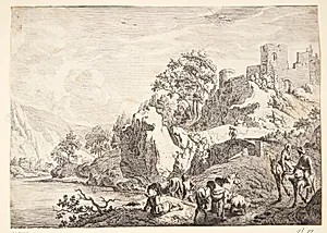 Rejsende ved en flodbred by Jan van Aken