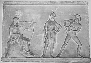 Relief fra statuebase. Stående skytisk slave mellem Apollon og Marsyas med fløjte by Ubekendt
