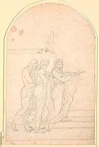 Religiøs allegori. Tre kvinder stiger med tilbedende gestus op ad nogle trin, den første bærer en bakke med en lampe og en kande by Nicolai Abildgaard