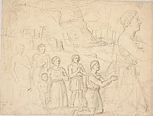 Religiøs komposition med en række knælende figurer. I baggrunden en havn med mellem klipper by Dankvart Dreyer