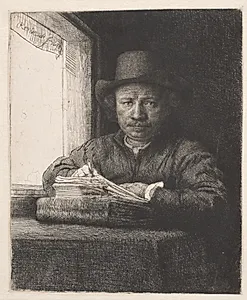 Rembrandt, tegnende ved et vindue by Rembrandt van Rijn