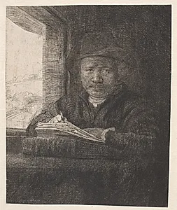 Rembrandt, tegnende ved et vindue by Rembrandt van Rijn