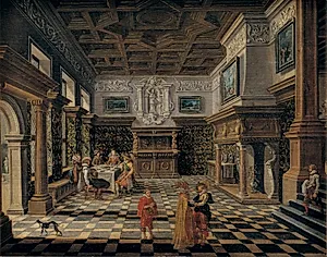 Renæssanceinteriør med et selskab ved et dækket bord by Bartholomeus van Bassen