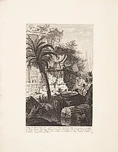 Rester af antikke bygninger, blandt hvilke står et gravmæle i porfyr for Marcus Agrippa, men som i dag fungerer som gravsted for Clement XII ... by Giovanni Battista Piranesi