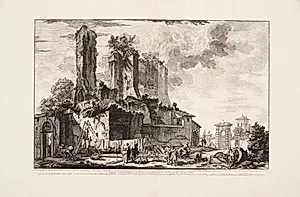 Resterne af bygningen over Acqua Giulia, med tørresnore i forgrunden og Villa Palombara i det fjerne by Giovanni Battista Piranesi