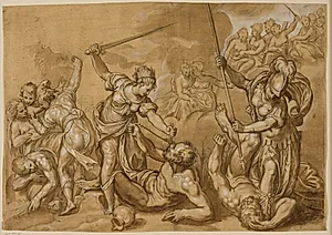Retfærdigheden samt Mercur og Minerva besejrer de onde magter, mens en gruppe gudinder ser til fra skyerne by Paolo Farinati