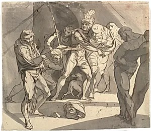 Richard Plantagenet kaster hertugen af Somersets afhuggede hoved for sin faders fødder by Johann Heinrich Füssli