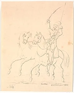 Ridende soldat, der leder en usadlet hest by Johan Thomas Lundbye