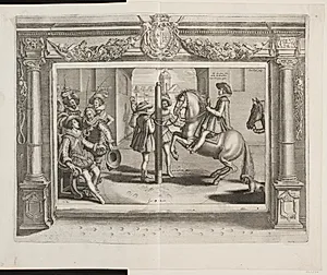 Rideøvelse med page til hest. Ludvig XIII siddende med en pisk by Simon de Pas