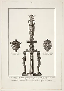 Rigt dekoreret trefod og to vaser by Francesco Piranesi