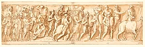 Romere på march; Marcus Aurelius, Pompejus og en oppasser overværer marchen; ophold på marchen by Giovanni Guerra