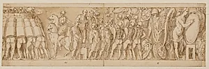 Romerne angriber en germansk fæstning; tale for tropperne ved afslutningen på den germanske krig; Victoria, omgivet af trofæer, beskriver Roms sejr på et skjold by Giovanni Guerra