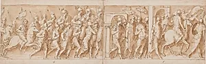 Romerne drager over en bro til krigen mod sarmaterne, på broen står Pompejus og Marcus Aurelius; slag mellem romere og sarmatere (fragment) by Giovanni Guerra