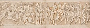 Romersk kavaleri; kejseren overbringes et afhugget hoved og en germansk fange; romere rykker frem by Giovanni Guerra