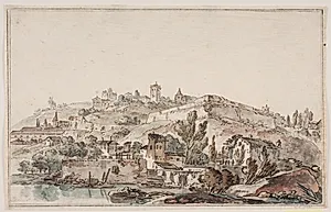 Romersk prospekt med bymur og kirker by Jens Petersen Lund