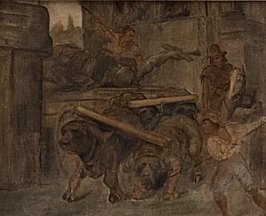 Romerske arbejdsfolk transporterer en antik kejserstatue fra Colosseum igennem Titusbuen til museerne i Capitol. Studie